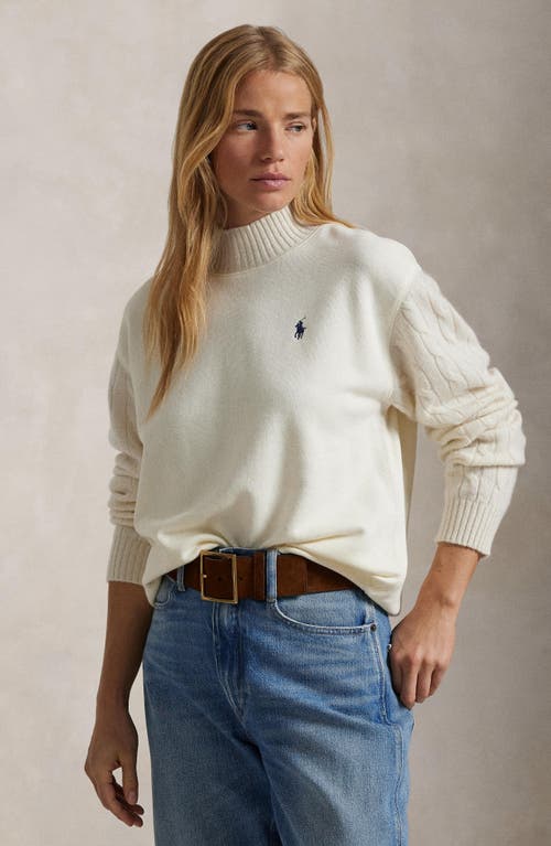 Shop Polo Ralph Lauren Cable Stitch Sleeve Mock Neck Sweatshirt In Clubhouse Cream