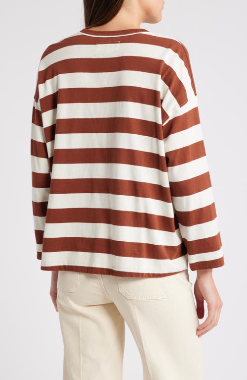 Shop The Great . The Shrunken Long Sleeve Henley In Cognac Stripe