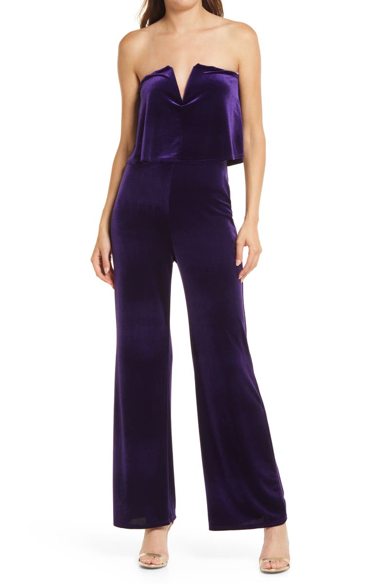 LULUS Power of Love Velvet Strapless Jumpsuit, Main, color, PURPLE