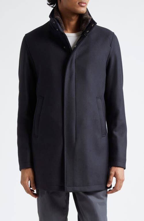 Herno Diagonal Wool Blend Car Coat with Removable Faux Fur Trim in Blue Navy 