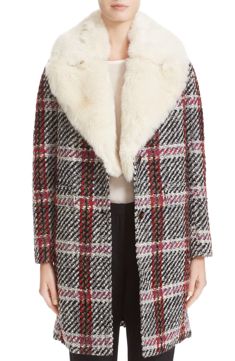 Carven Plaid Coat with Removable Faux Fur Collar | Nordstrom
