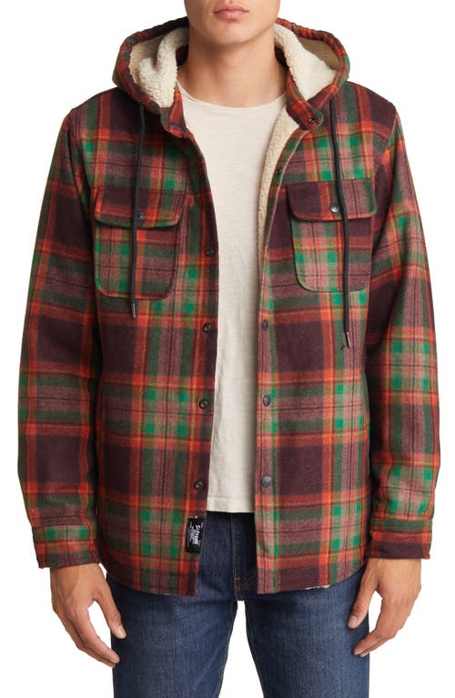 Plaid Wool Blend Snap-Up Hooded Shirt Jacket in Brick
