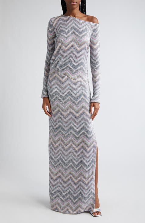 Sparkly Sequin Long Sleeve Chevron Knit Gown