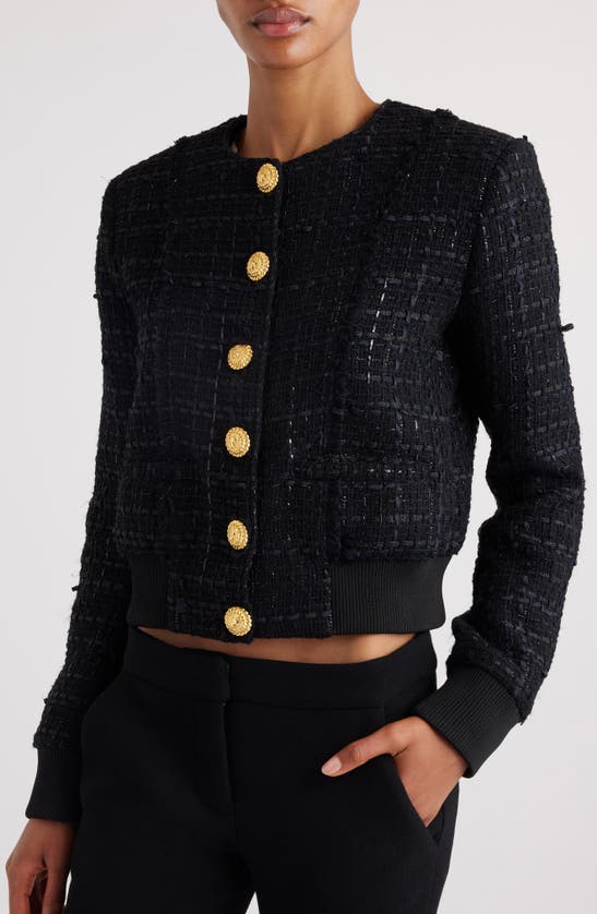Shop Balmain Blouson Tweed Crop Jacket In Black