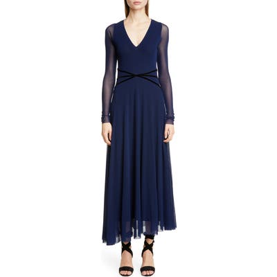 Fuzzi Velvet Detail Long Sleeve Asymmetrical Maxi Dress, Black