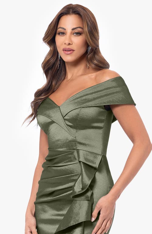 Xscape Evenings Off The Shoulder Taffeta Gown In Olive