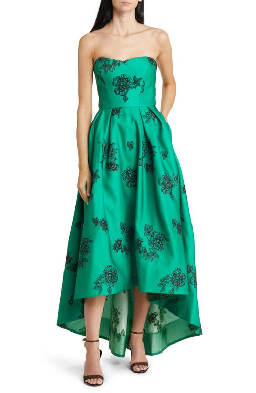 Marchesa Notte Embroidered Metallic Floral Strapless High-Low Gown in Emerald Combo at Nordstrom, Size 14