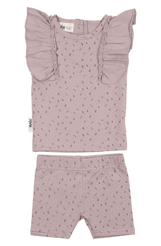 Shop Maniere Petals & Polka Dots Flutter Sleeve Top & Shorts Set In Mauve