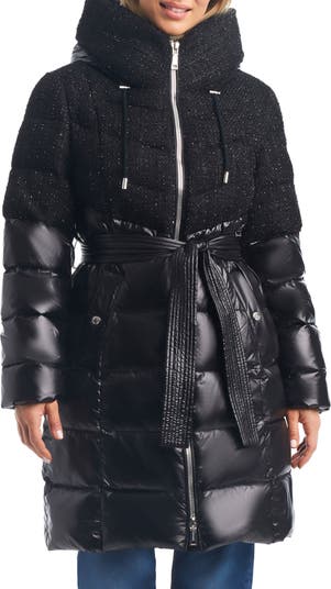 Belted Mixed Media Hooded Puffer Coat