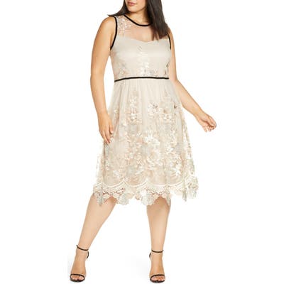 Plus Size Julia Jordan Metallic Embroidered Mesh A-Line Dress, Pink