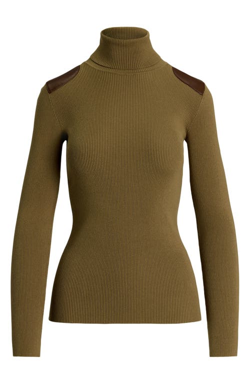 Shop Lauren Ralph Lauren Embellished Rib Cotton Blend Turtleneck Top In Honey Tan