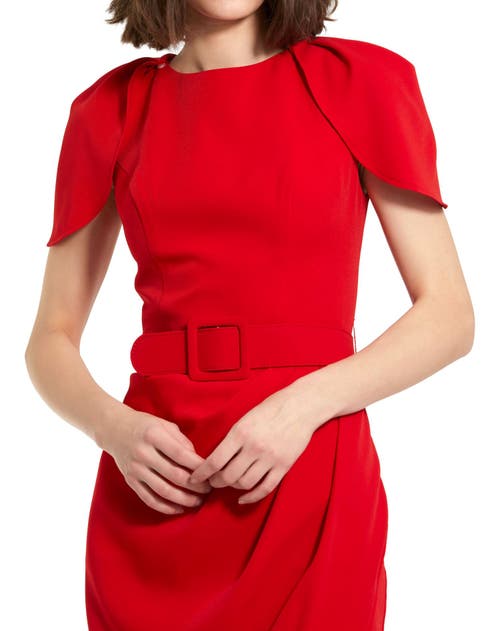 Mac Duggal Crepe High Neck Midi Tulip Dress With Belt In Cherry