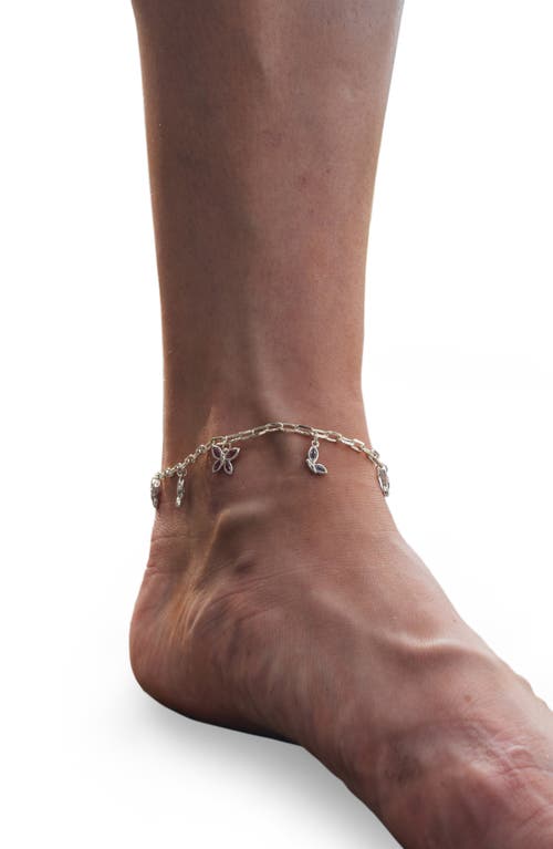 Sterling Forever Silver-tone Or Gold-tone Pink Cubic Zirconia Butterfly Charm Caria Anklet In Silver