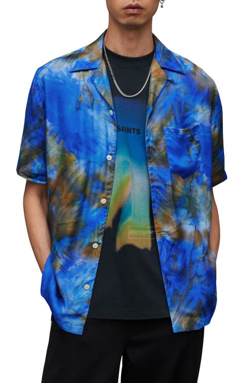 AllSaints Borealis Relaxed Fit Tie Dye Camp Shirt in Cosmo Blue at Nordstrom, Size Small
