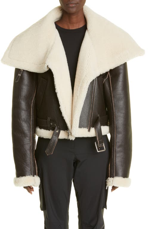 LaQuan Smith Leather & Genuine Shearling Crop Moto Jacket in Chocolate