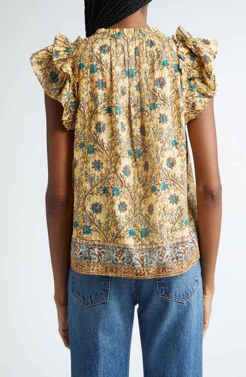 Shop Ulla Johnson Fleur Floral Ruffle Shoulder Split Neck Top In Daylily