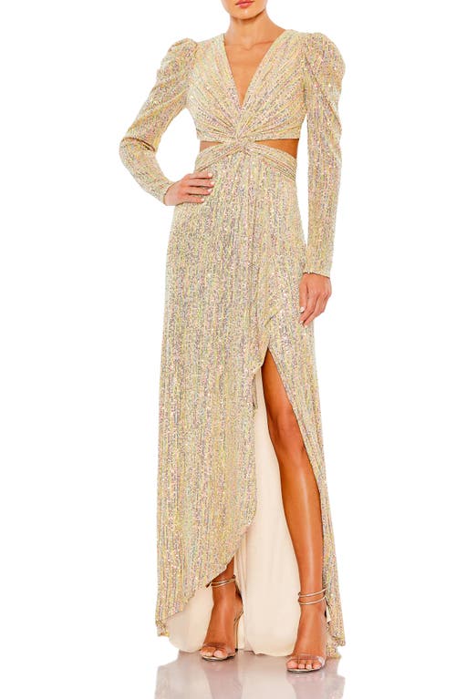 Ieena for Mac Duggal Sequin Puff Sleeve Cutout Gown Gold at Nordstrom,
