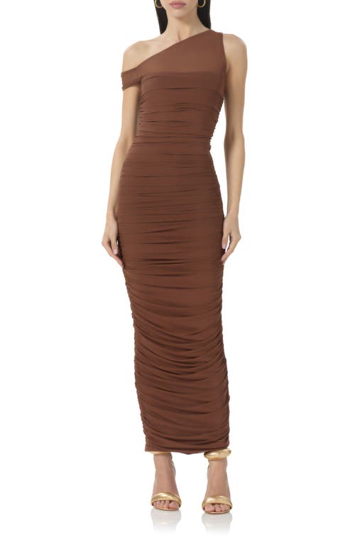 AFRM Biona One-Shoulder Ruched Mesh Dress Dark Clay at Nordstrom,