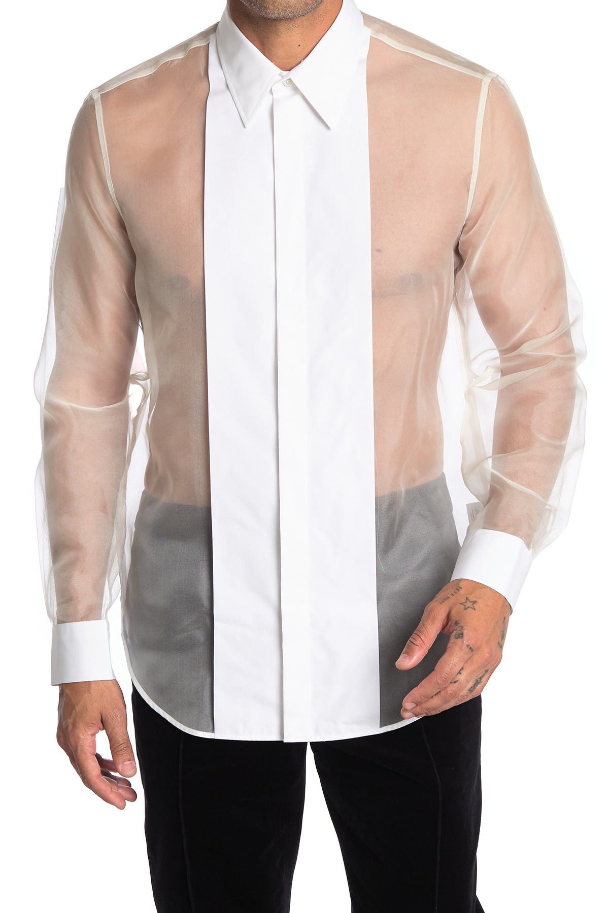 sheer tuxedo blouse