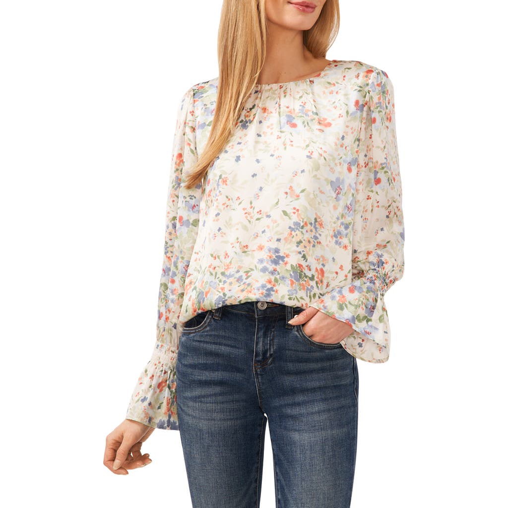 Cece Floral Ruffle Cuff Charmeuse Top In Egret Ivory
