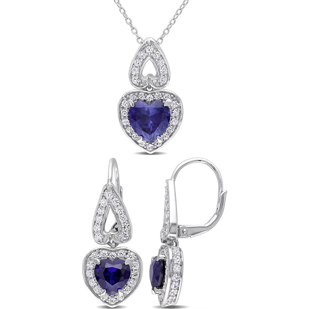 Delmar Lab-grown Sapphire & White Topaz Heart Drop Earrings & Pendant Necklace Set In Blue