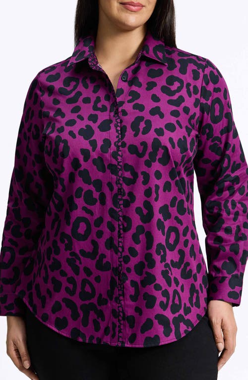 Shop Foxcroft Charlie Leopard Print Cotton Button-up Shirt In Purple