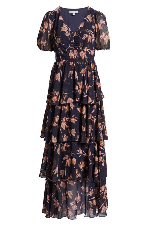 Shop Chelsea28 Floral Tiered Chiffon Dress In Navy Tulip Dance