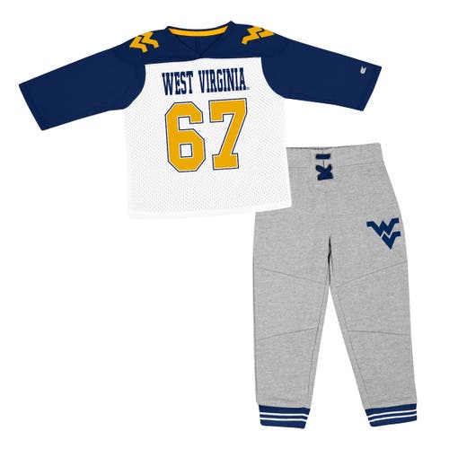 Toddler Colosseum Navy/Heather Gray West Virginia Mountaineers Jingtinglers Football V-Neck Jersey T-Shirt & Pants Set