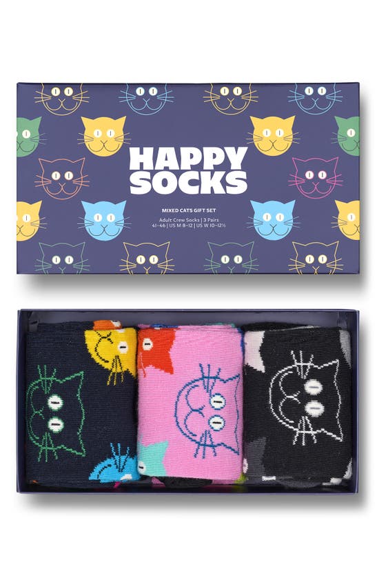 Shop Happy Socks Mixed Cats 3-pack Cotton Blend Crew Socks Gift Set In Navy