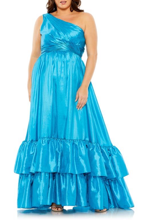 Metallic One-Shoulder Gown in Turquoise