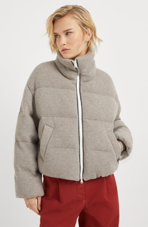 Shop Brunello Cucinelli Cashmere English Rib Knit Down Jacket With Shiny Trims In Cool Beige