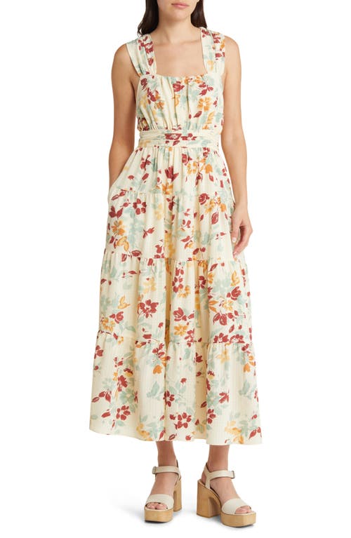 Floral Smocked Tiered Crossover Back Midi Sundress in Ivory Multi
