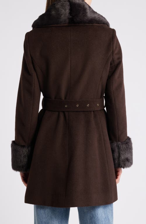 Via Spiga Belted Wool Blend Coat With Faux Fur Trim In Chocolate