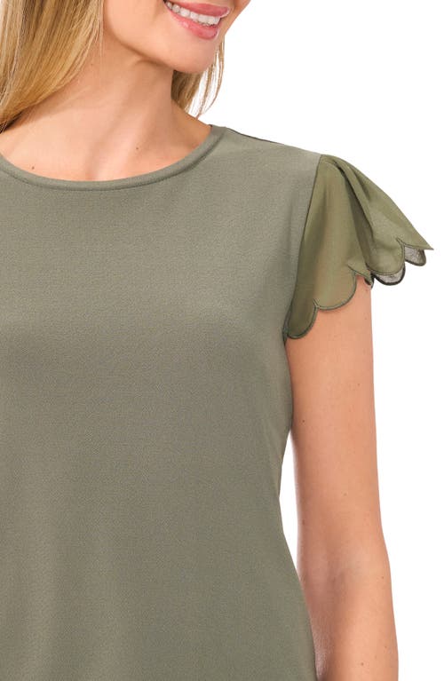 Cece Scallop Sleeve Mixed Media Top In Dark Clover Green