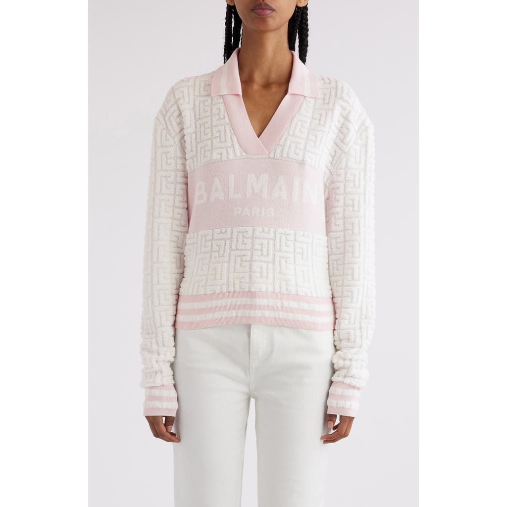 Balmain Sponge Knit Monogram Long Sleeve Polo Sweater In White/pale Pink