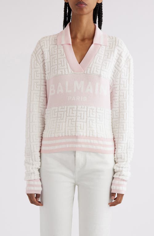Balmain Sponge Knit Monogram Long Sleeve Polo Sweater White/Pale Pink at Nordstrom, Us