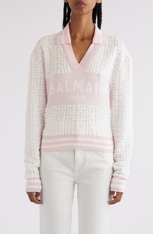 Shop Balmain Sponge Knit Monogram Long Sleeve Polo Sweater In White/pale Pink