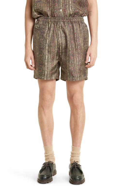 BEAMS Batik Print Silk Beach Shorts in Olive