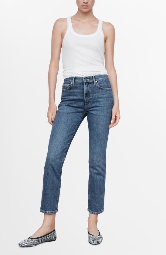 Shop Mango High Waist Crop Slim Jeans In Dark Blue