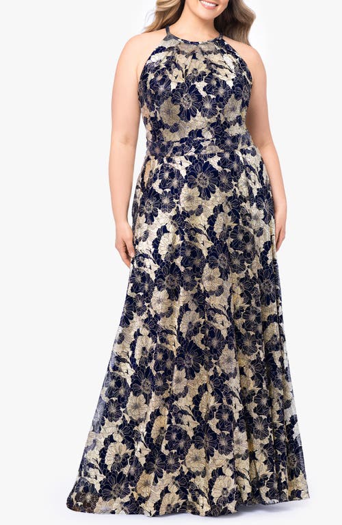 Betsy & Adam Metallic Floral Gown In Navy/gold