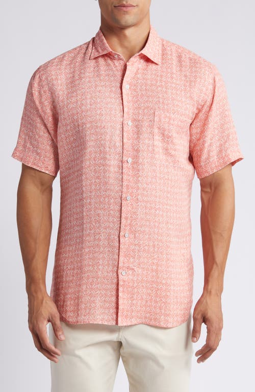 Sandblast Geo Print Short Sleeve Linen Button-Up Shirt in Clay Rose