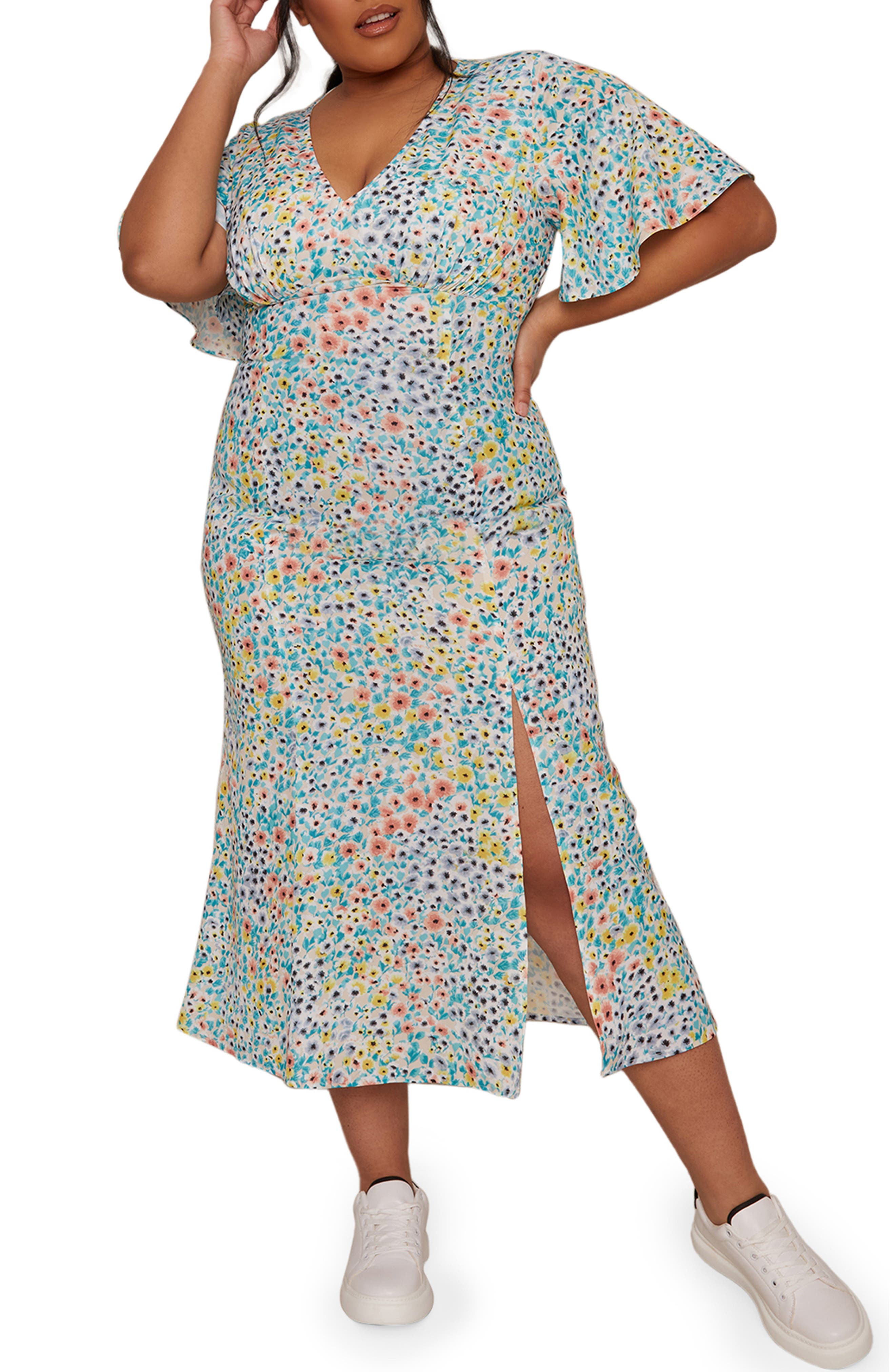 Chi Chi London Floral Flutter Sleeve Midi Dress in Multi at Nordstrom, Size 20W