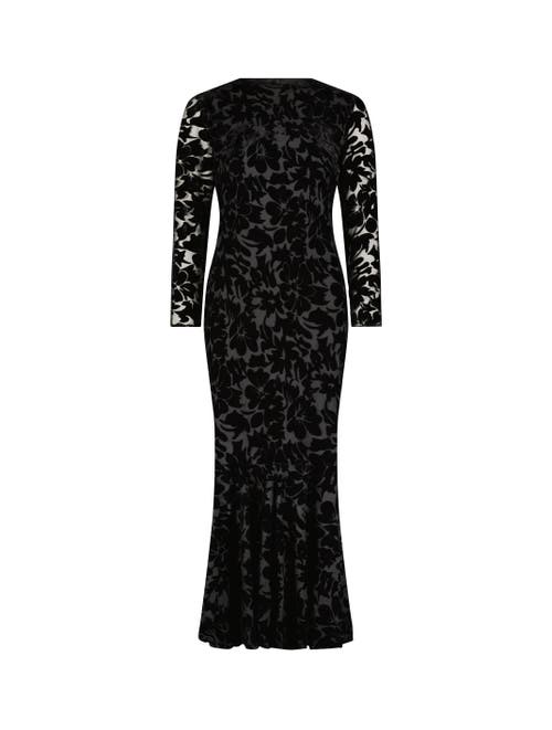 Mac Duggal Burnout Velvet Long Sleeve Ruffle Hem Midi Dress In Black