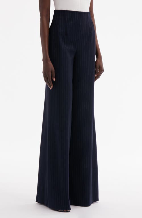 Shop Oscar De La Renta Pinstripe Stretch Wool Wide Leg Pants In Navy/white