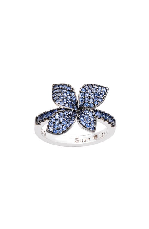 Suzy Levian Sterling Silver Pavé Blue Sapphire Flower Ring In Blue