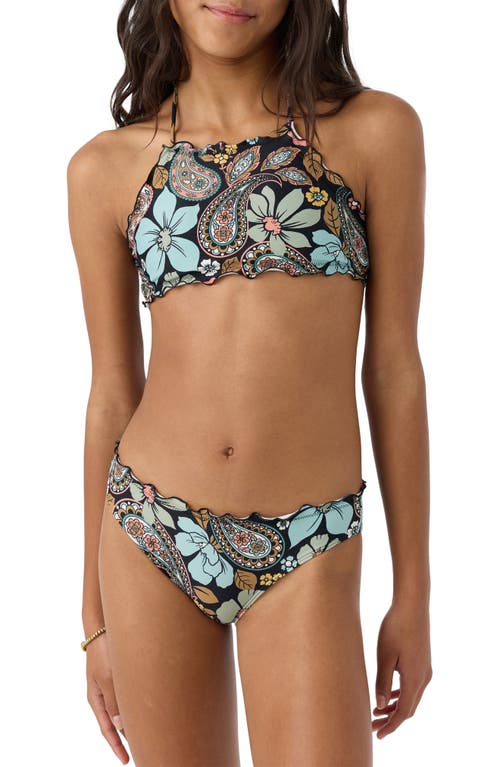 Shop O'neill Kids' Mod Boho Ruffle Floral Two-piece Swimsuit In Black