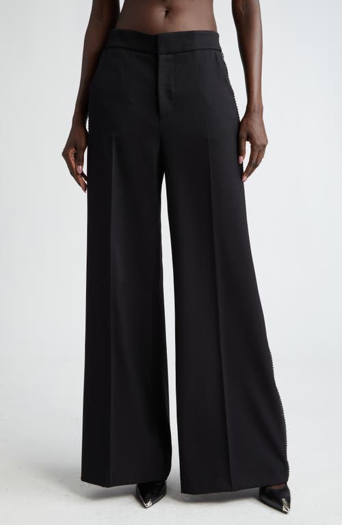 Crystal Embellished Stretch Wool Wide Leg Trousers in Black