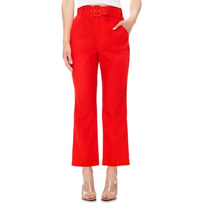 Afrm Rayna Belted Linen Blend Crop Flare Pants, Red