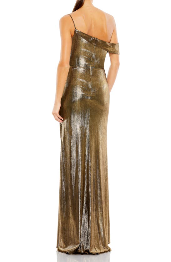 Shop Ieena For Mac Duggal Asymmetric Metallic Wrap Front Gown In Gold