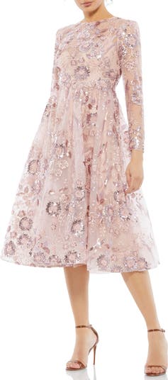 Mac Duggal Sequin Floral Long Sleeve A-Line Midi Dress | Nordstrom